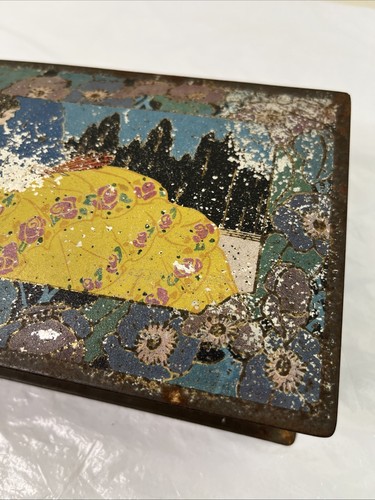 1920's Art Deco Litho Tin Box 8 x 4.5 Distressed Asian Floral Can I - Picture 3 of 10
