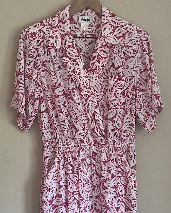 Vestido Camisa Vintage Rosa Blanco Hoja 12P Secretaria Leslie Fay Abuela Años 90 Foto 3 de 4