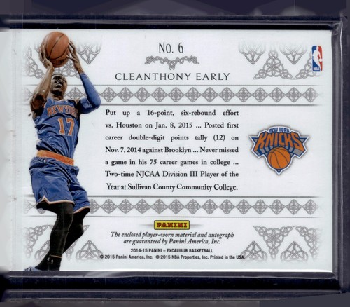 Cleanthony Early 2014-15 Panini Excalibur 4 Color Knicks Patch Auto RC #6 - Picture 2 of 2