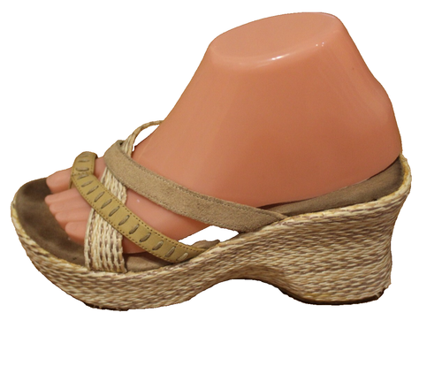 Y2K Keilsandalen Lower East Side Bobbi 7,5 Vintage 2000er Webart hellbraun beige Zehenriemen - Bild 5 von 8