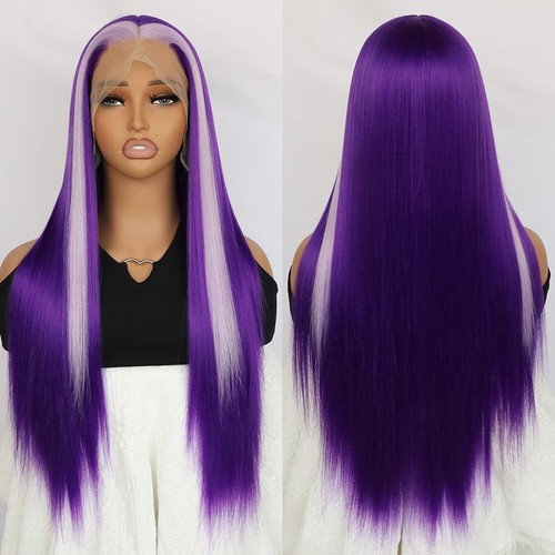 Long Straight Synthetic Lace Front Wigs Purple Hair Heat Resistant Women Party - Picture 3 of 7