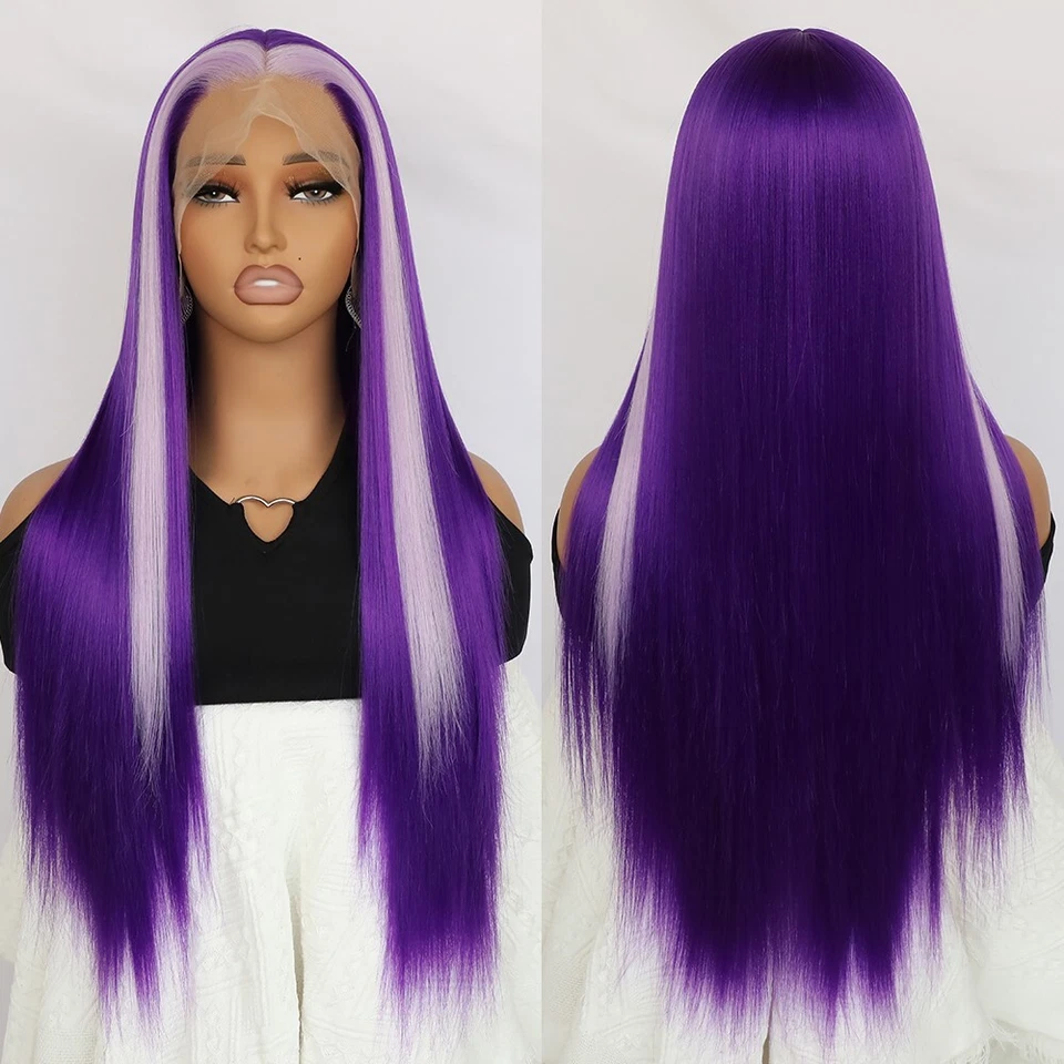 Pelucas delanteras largas rectas de encaje sintético cabello púrpura resistente al calor mujeres fiesta Foto 3 de 4