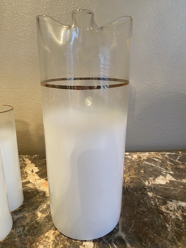 West Virginia Glass Company Blendo Frosted White Gold Pitcher 6 Glases New HTF - Picture 10 of 11