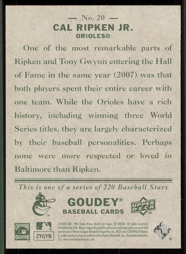 2009 Upper Deck Goudey #20 Cal Ripken Jr. - Picture 2 of 2
