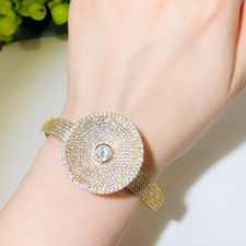 Gold Plated Round Cubic Zirconia Luxury Cuff Bangle Bracelet for Wedding Brides