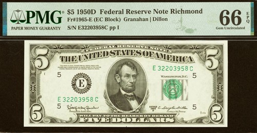 1950D $5 Federal Reserve Note PMG 66EPQ wanted gem Richmond EC Block Fr 1965-E - Picture 2 of 3