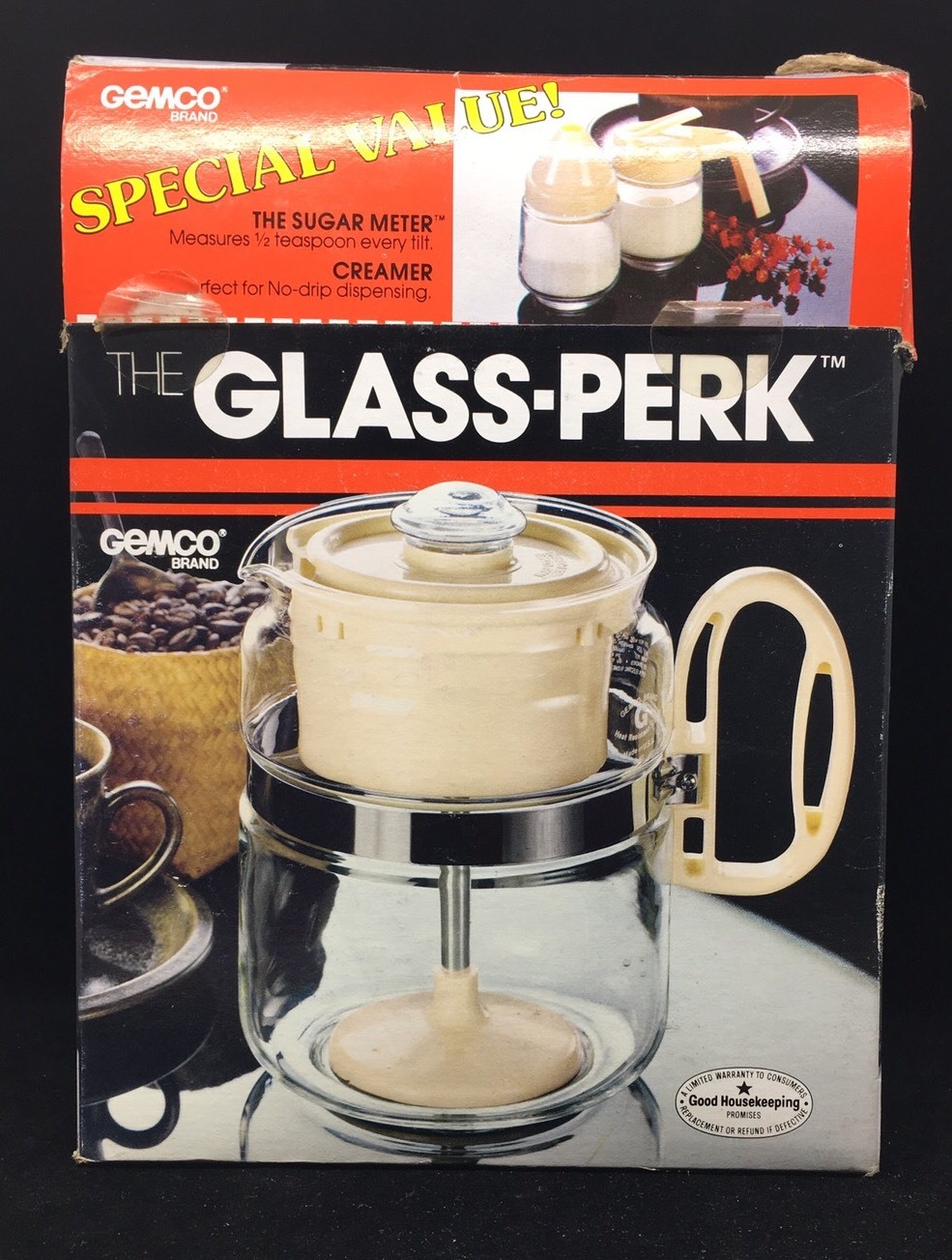 NEW Gemco The Glass Perk Coffee Pot Percolator w creamer sugar Brown 4-8 Cups NEW Gemco The Glass Perk Coffee Pot Percolator w creamer sugar Brown 4-8 Cups