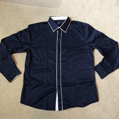 Zity Men's Dress Shirt Size Large Long Sleeve Navy with White Wedding Business L - Picture 1 of 8