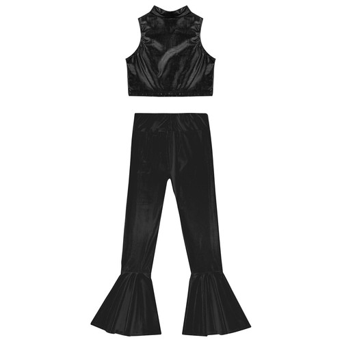 Kids Girl's Dance Outfit Latin Tracksuit Gym Crop Top With Pants Stage Sheer - Picture 86 of 87