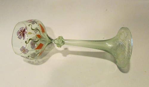 Early 1900s Regenhütte Bavaria Germany Art Nouveau Blown Wine Glass Enamel - Picture 4 of 7