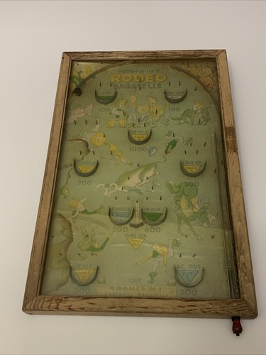 VINTAGE POOSH-M-UP’S RODEO BAGETELLE 4 GAMES IN 1 BASEBALL BAGATELLE GAME MADE I - Picture 2 of 12