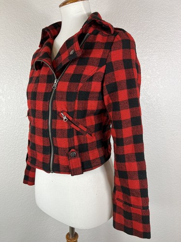 Beverly Hills Polo Club Women's Sz M Red & Black Plaid Moto Jacket 30% Wool - Picture 2 of 11