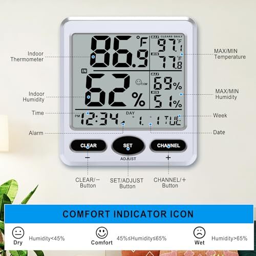 Hygrometer Thermometer Raumtemperatur Luftfeuchtigkeit Messgerät mit großem Display, - Bild 3 von 7