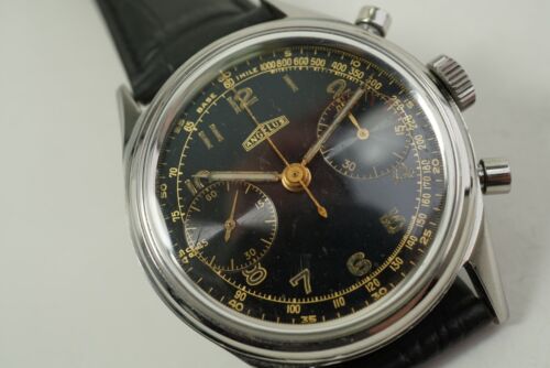 ANGELUS 215 STEEL CHRONOGRAPH ORIGINAL BLACK GILT DIAL 38 MM DATES 1950'S - Picture 2 of 12