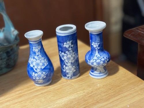 Set of Three Blue Mini 4” Vases with White Cherry Blossom Asian Design - Picture 2 of 7