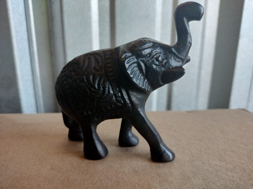 Vintage Hand Carved Iron Wood ELEPHANT Figure  4" x 3.5" Trunk Uplifted - Picture 1 of 6