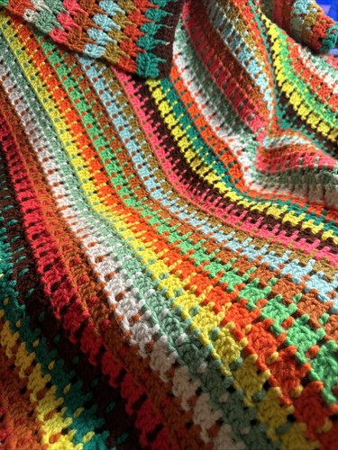 Vtg Crochet Roseanne Afghan Lap Quilt Blanket Throw 55”x95” Rainbow Color Stripe - Picture 2 of 16