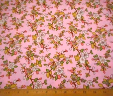 Quilt Fabric 1 5/8 Yard Pink Ivory Green Floral Vines on Light Pink Cotton #C