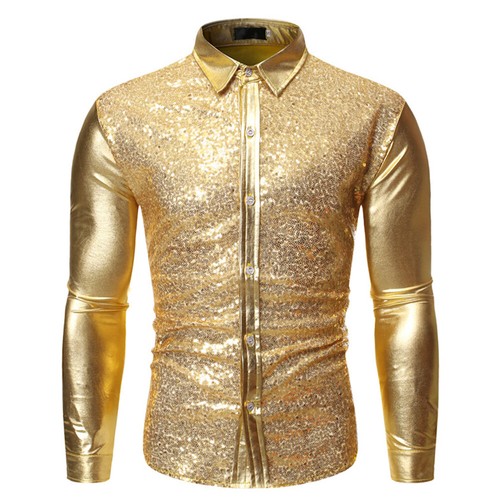 Herren Pailletten Metallic Glänzend Langarm Shirt Oberteil Bluse Tanz Show Slim Fit - Bild 3 von 16