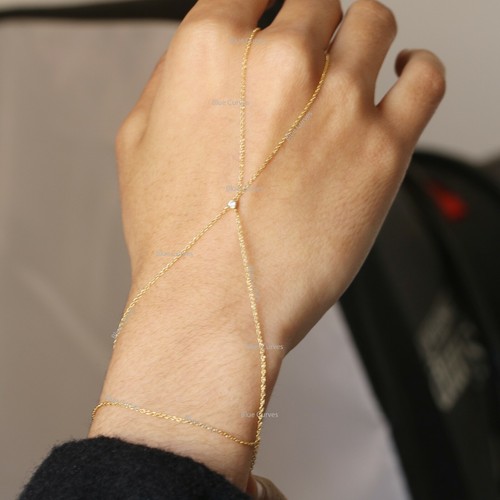 Solid 14k Yellow Gold Solitaire Diamond Slave Chain Ring Bracelet Gold Jewelry - Picture 4 of 6