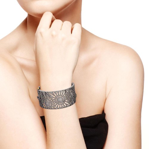 7ct Diamond Vintage Look Oxidized Wide Bangle Bracelet 925 Sterling Silver - Picture 4 of 6