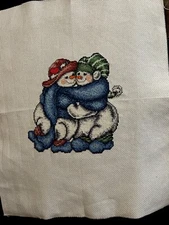 Finished Completed Cross Stitch Christmas Picture Unframed Two Hugging Snowman