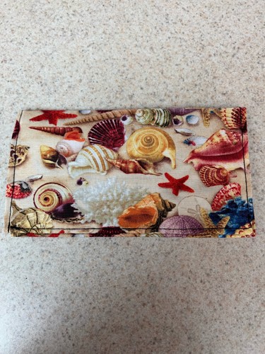 Soft Fabric Checkbook- Fully Lined - Various Sea Shells on Sand Color Background - Picture 1 of 2