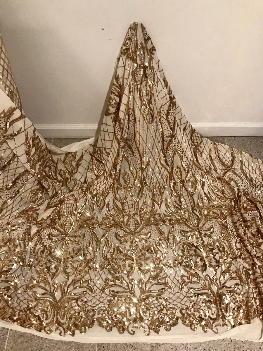 Gold 4way stretch sequin Lace fabric 50 Width Sold By The Yard
