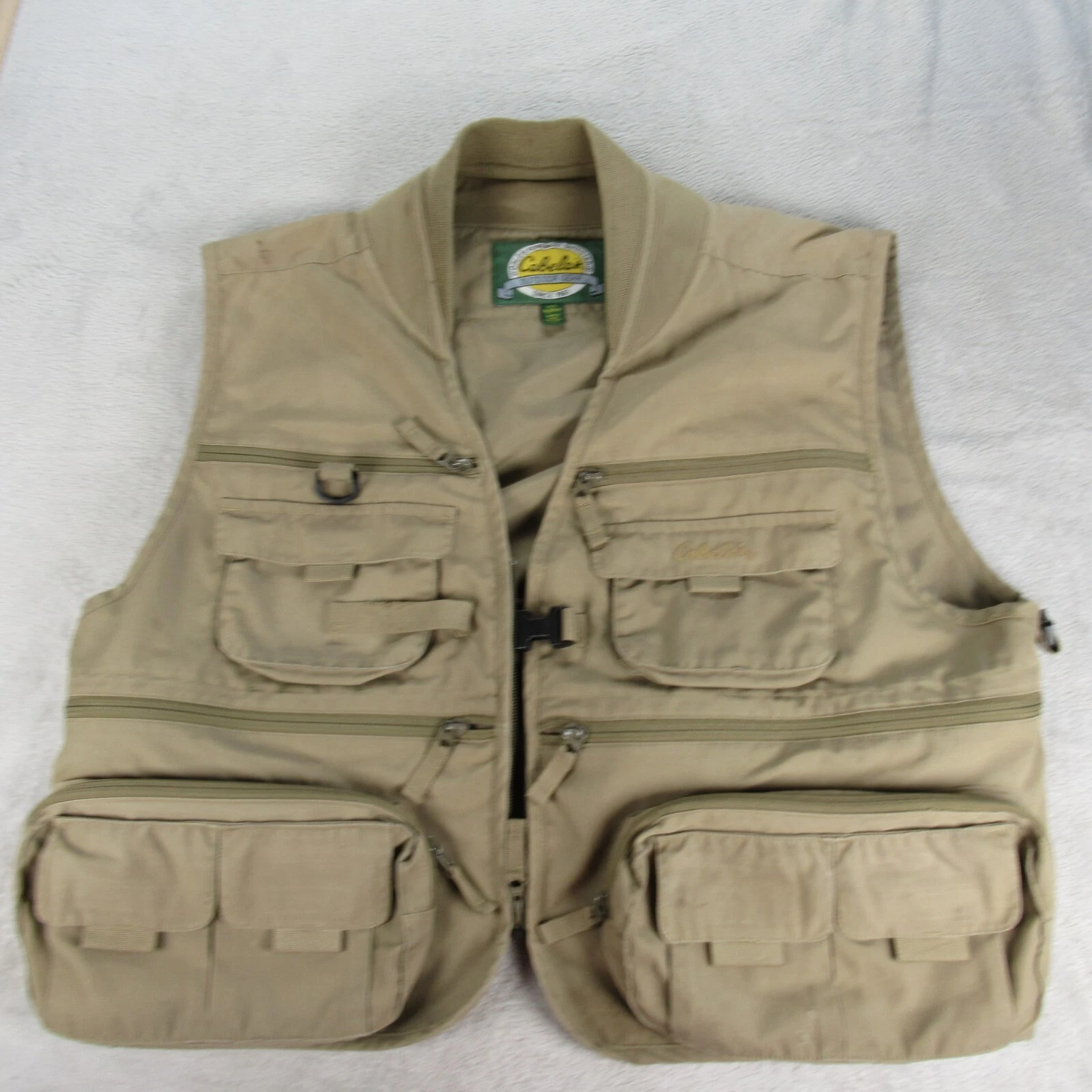 Cabelas Fishing Vest Mens Large Khaki Cotton Blend Pockets Hunting Outdoor