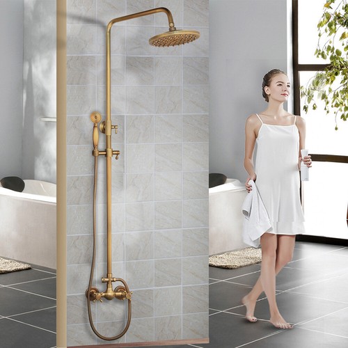 8" Rain Wall Mount Antique Brass Shower Head Hand Shower Mixer Faucet Taps Set - Picture 1 of 7