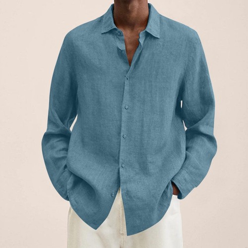 Mens Long Sleeve Shirt Button-down Blouse Solid Tops Baggy T-Shirt Lapel Dress - Picture 4 of 21