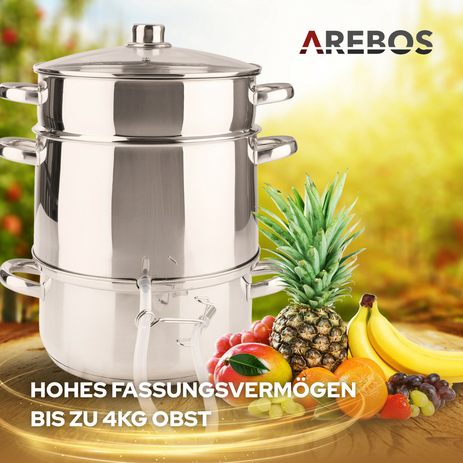AREBOS Induktion Dampfentsafter 15 L Fruchtentsafter Edelstahl Obst Saftpresse