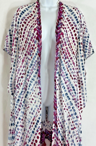 Nordstrom Open OS Geometric Red White Blue Wrap Kimono Cover Up Tassel Fringe - Picture 5 of 21