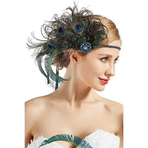 1920s Headband Feather Peacock Bridal Great Gatsby Flapper Headpiece Gangster - Picture 12 of 16
