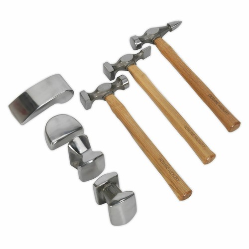 Sealey Panel Beating Set 7pc Drop-Forged Hickory Shafts Steel Dollies Hammers - Picture 2 of 7