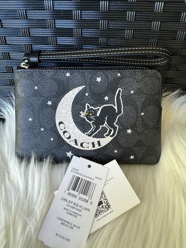 Neu mit Etikett Coach CW869 Signatur Eckreißverschluss Kalbsleder mit Halloween Grafik Katze Mond