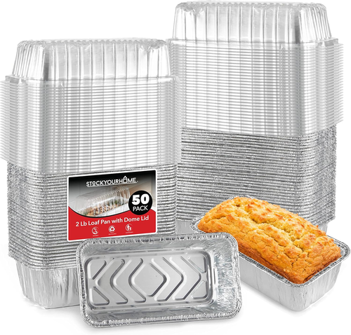 Stock Your Home Disposable Aluminum Loaf Pans with Lids, 2 Lb (50 Pack) Foil Bak - Picture 9 of 12