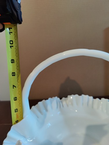 FENTON MILK GLASS CRIMPED RUFFLED HOBNAIL BASKET With Handle - Picture 11 of 14