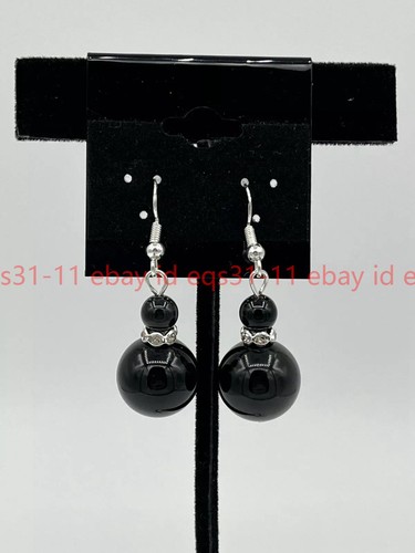 Natural 14mm Black Obsidian Gemstone Round Beads Drop Dangle Hook Earrings - Picture 7 of 12