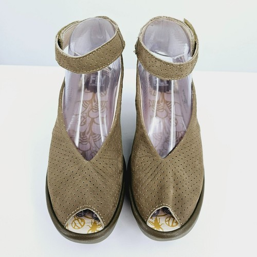 Fly London Yala Wedge Sandals 36 5.5 Perforated Suede Olive Green Taupe Peep Toe - Picture 5 of 13