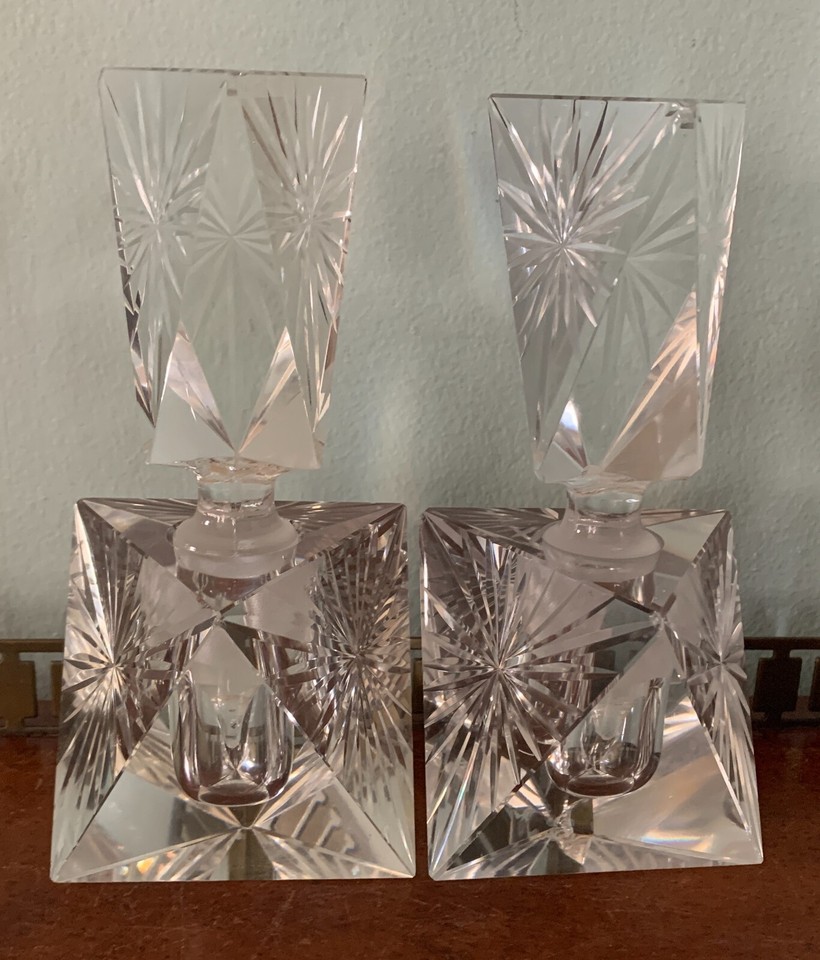 Pair of Cut Lead Crystal Perfume Bottles Starburst Design circa 1950s