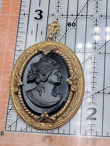 Mourning Faux Glass Cameo Pendant Brass Frame Vintage Large Necklace Pendant  - Picture 7 of 7