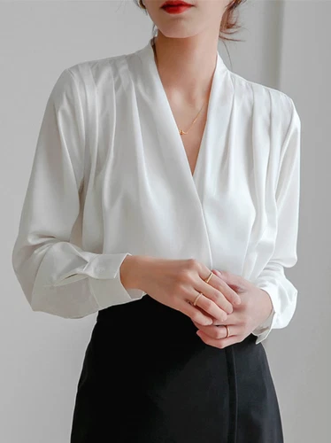 Sommer Damen OL Shirts Langarmshirt Seide V-Ausschnitt französisches Design Blusen Oberteil - Bild 9 von 16