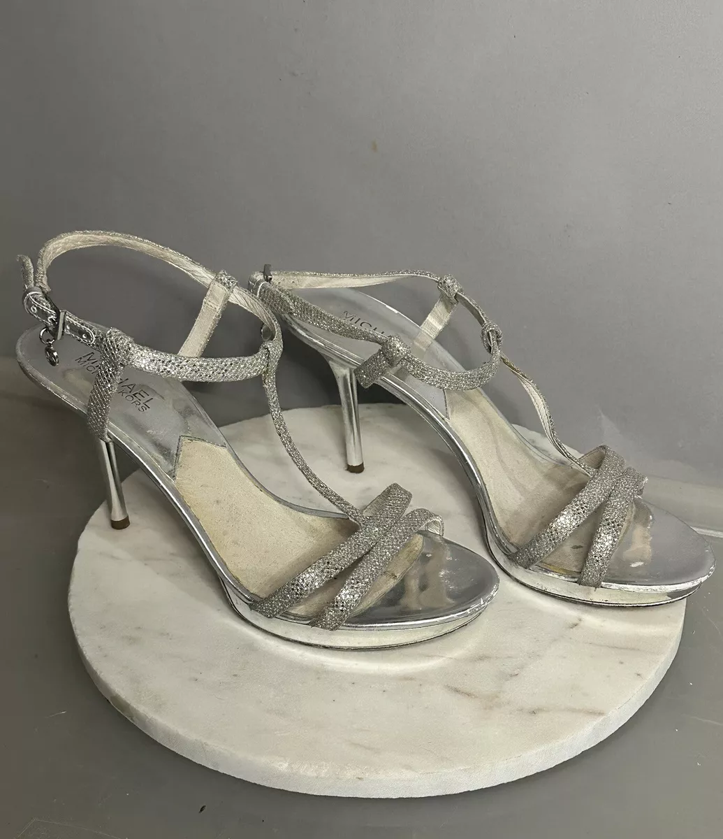 MICHAEL KORS Womens Yvonne Platform Silver Glitter Leather Heels