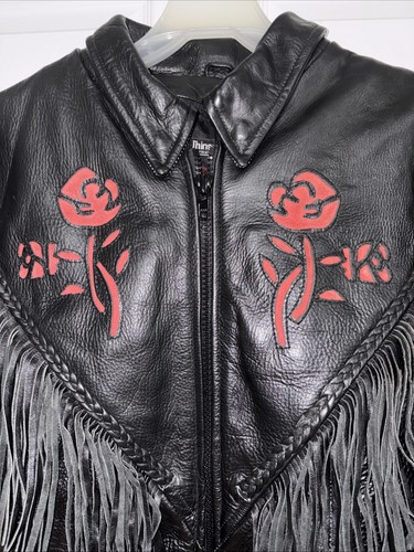 Genuine LC Leather Motorcycle Jacket Fringe Rose Inlay w/Thinsulate 3M Liner 2XL - Picture 2 of 5