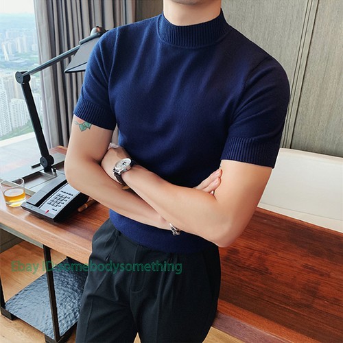 Hombres Camiseta Top Tejido Ajustado Jersey Básico Manga Corta Camiseta Suéter Cuello Simulado Ajuste - Imagen 8 de 22