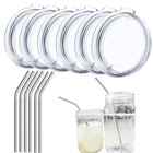 6 Pack 3-inch Wide Mouth Mason Jar Lid with Stainless Steel Straws, Compatibl...