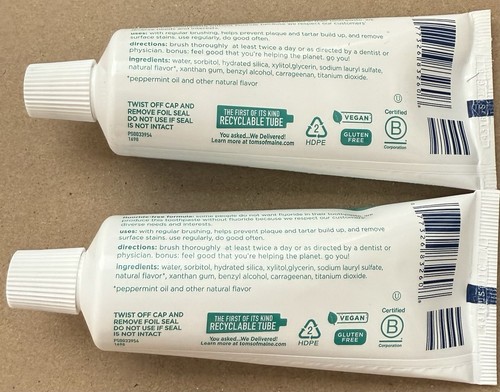 Tom's Of Maine Flouride Free Fresh Mint Toothpaste (2x) 3oz Tube Exp 11/26 - Picture 3 of 8