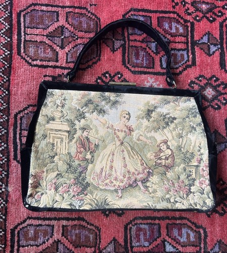 Vintage Bobbie Jerome schwarz Samt viktorianischer Stil Gobelin Tasche groß - Bild 21 von 22