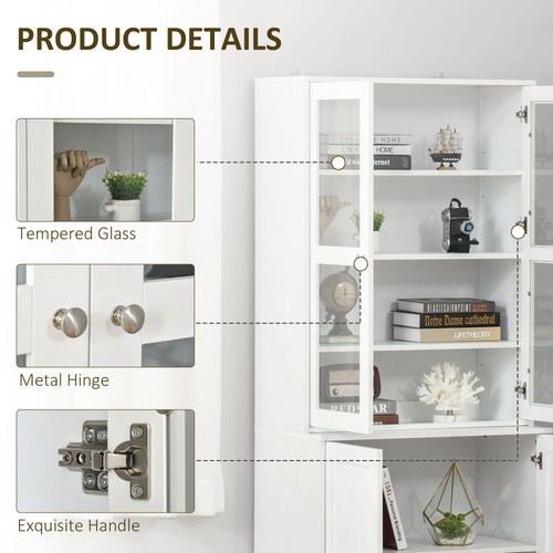 HOMCOM Bookcase with Glass Doors and Adjustable Shelves for Study, White - Picture 4 of 11